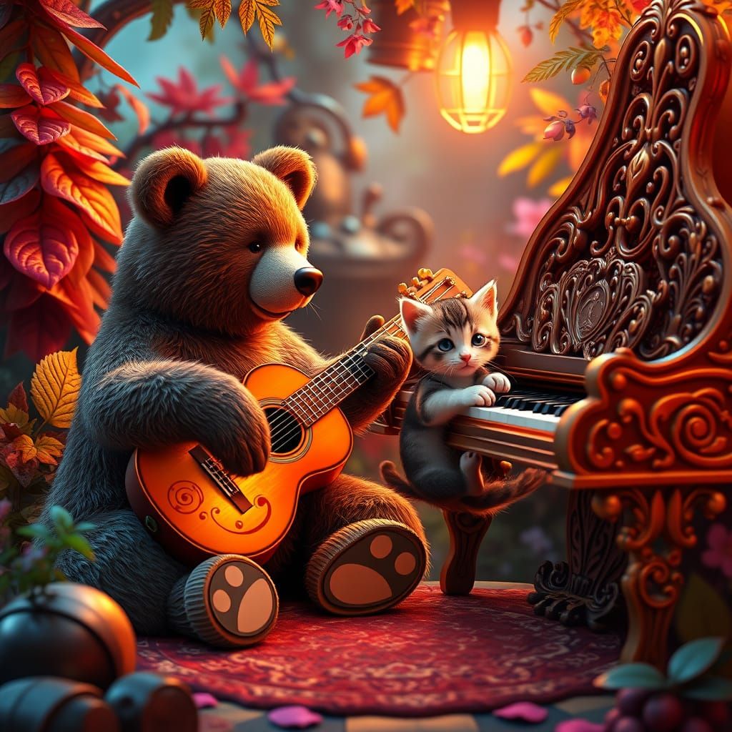 Cuddly Bear and Kitten Play Guitar and Piano in Whimsical Dr...