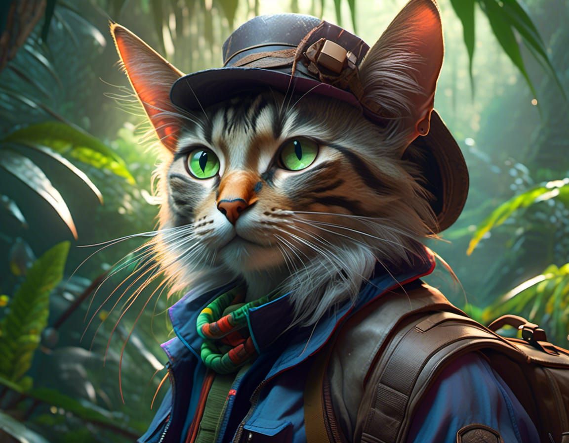 Backpacker Cat Exploring Jungle, Hyperrealistic Detailed Por...