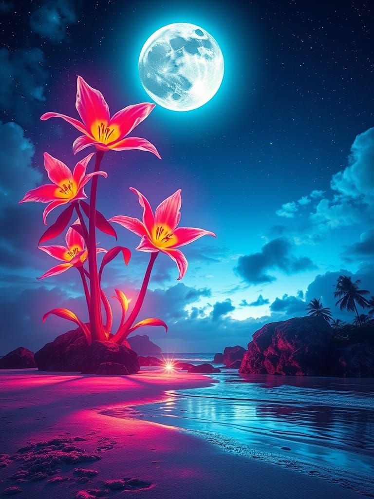 Exotic Bioluminescent Flowers on Moonlit Beach