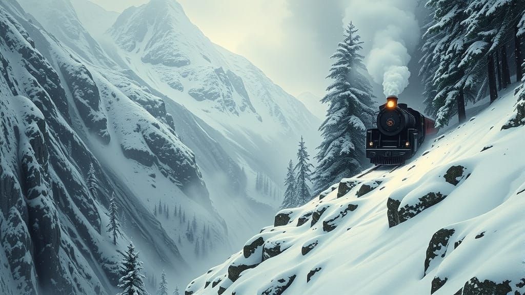 Steam Train in Snowy Mountain Pass Landscape