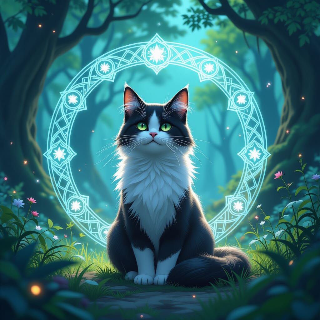 Mystical Cat in Enchanted Forest: 3D Anime Art