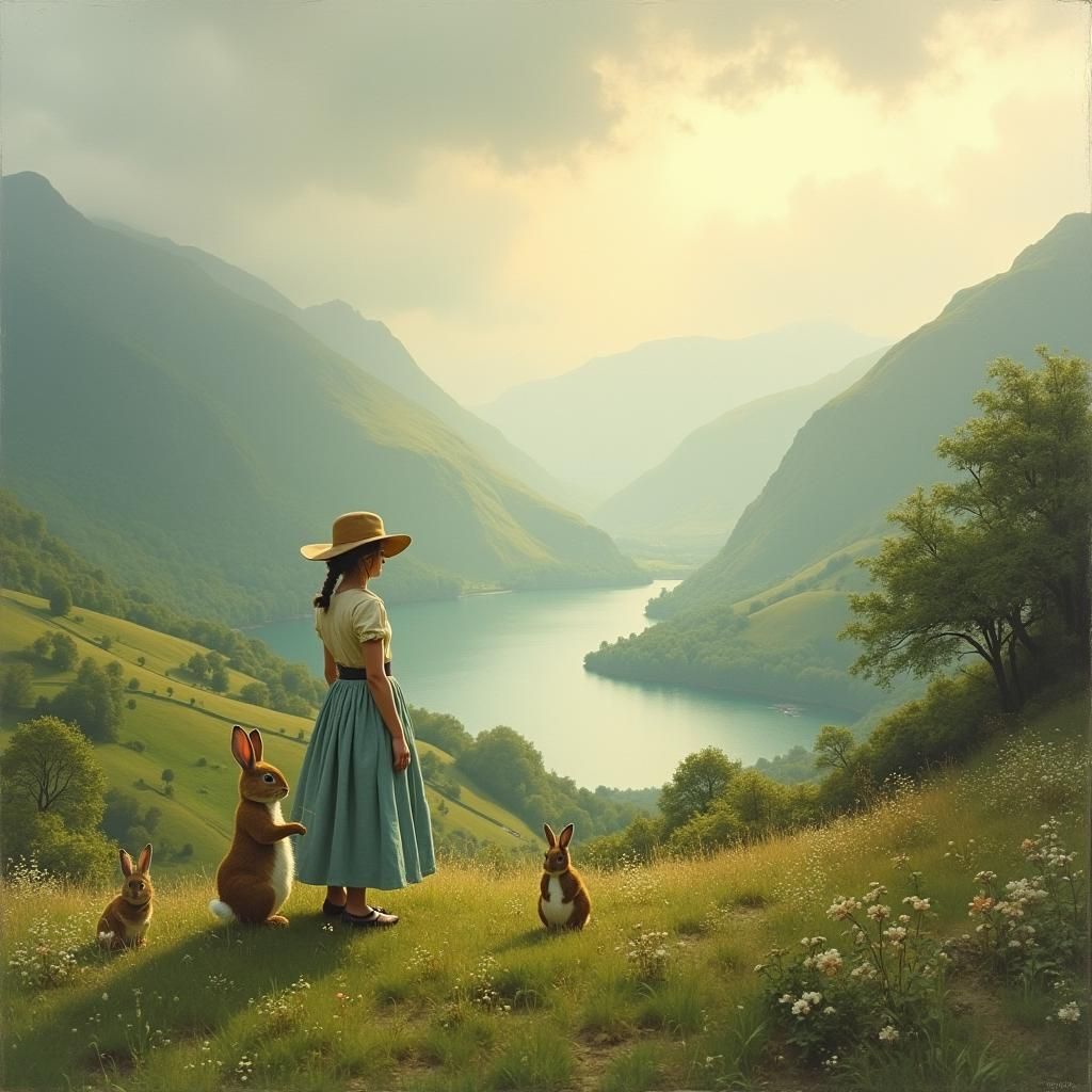 Lake District Landscape with Beatrix Potter, in Gurney Style