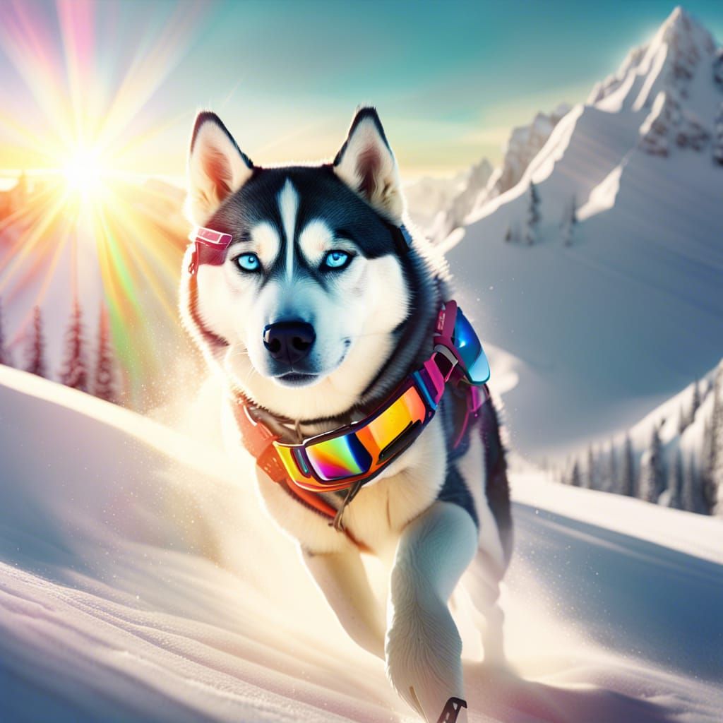 a hyper-detailed image of a Siberian husky wearing ski goggles snowboarding down a beautiful snow filled mountain landsc...
