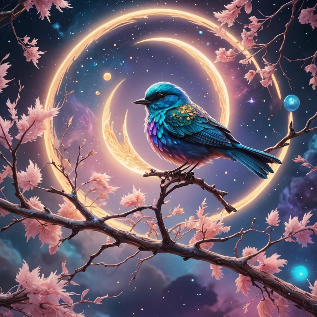 Celestial Bird Perched on Moon Branch Concept Art