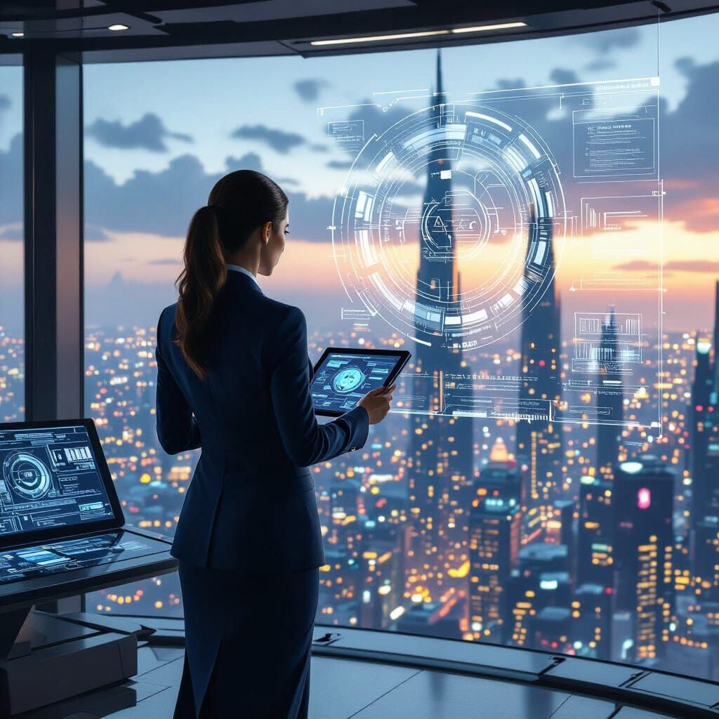 Athena in Cyberpunk Metropolis, Digital Illustration