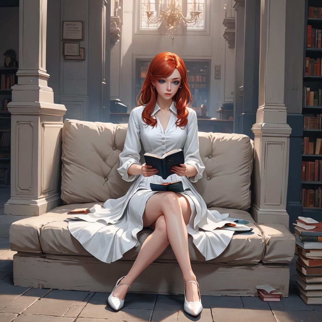 Anime Teen Spy Reading Book in White Dress
