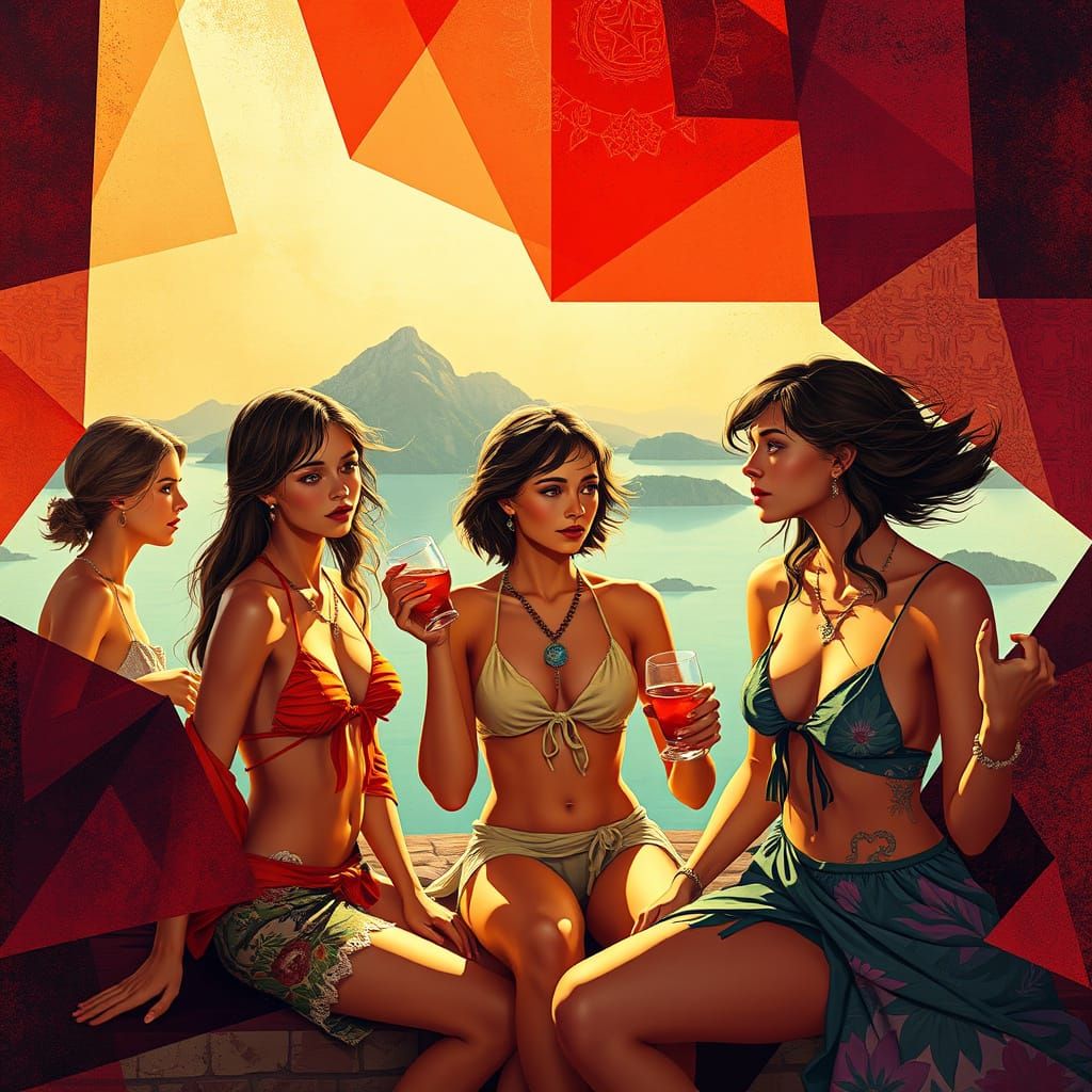 Festive Women by Lake: Cubism and Art Deco Fusion