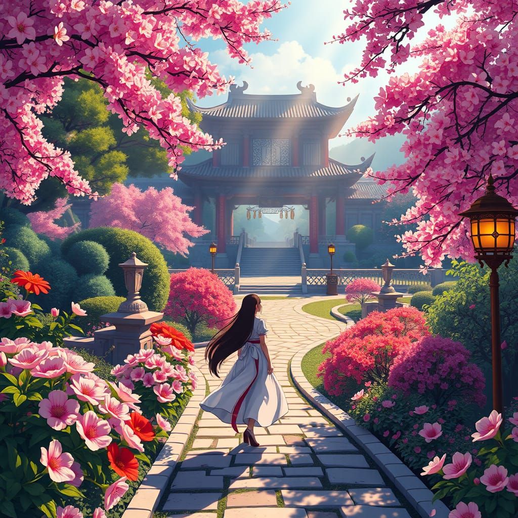 Elegant Palace Gardens in Vibrant Manga Style