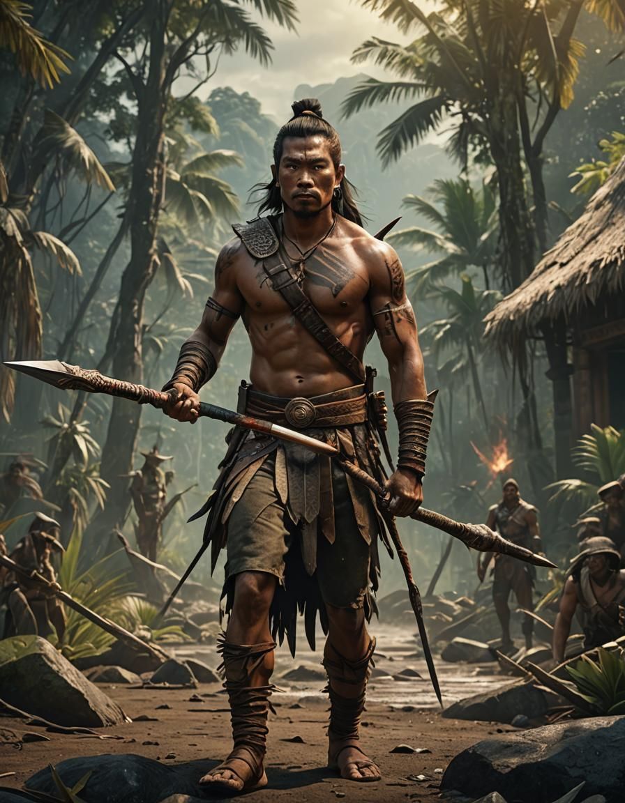 Filipino Warrior with Spear: Detailed Matte Painting