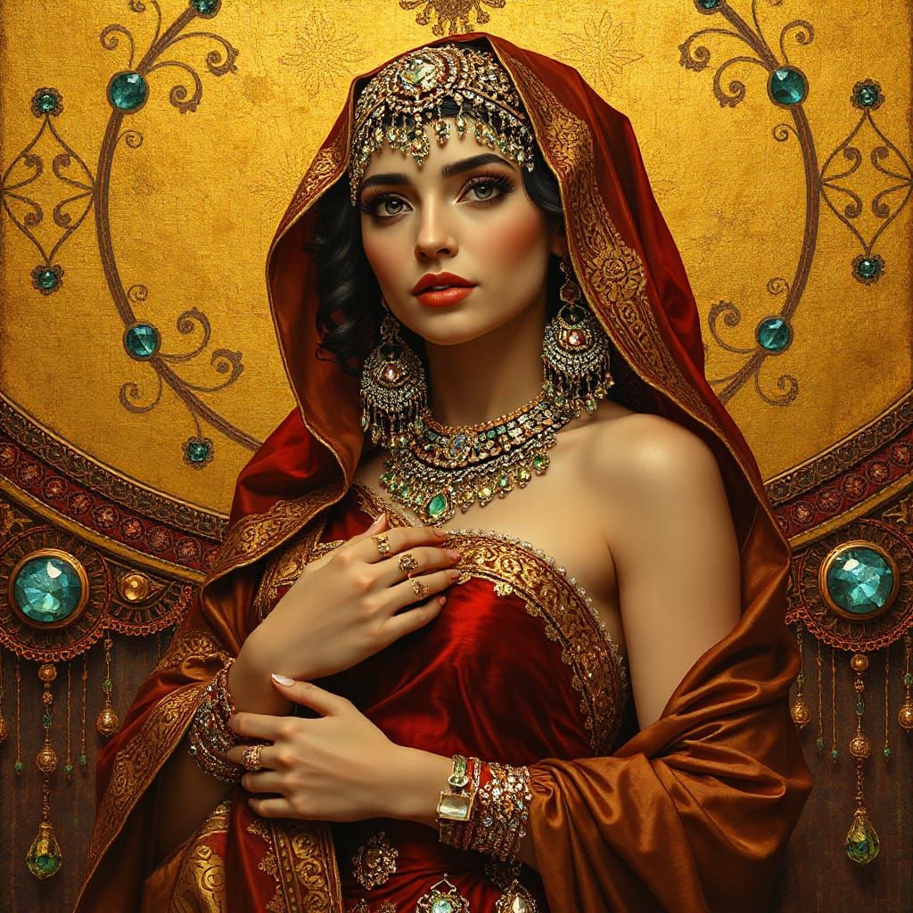 Elegant Arabian Woman in Opulent Klimt-Mucha Style