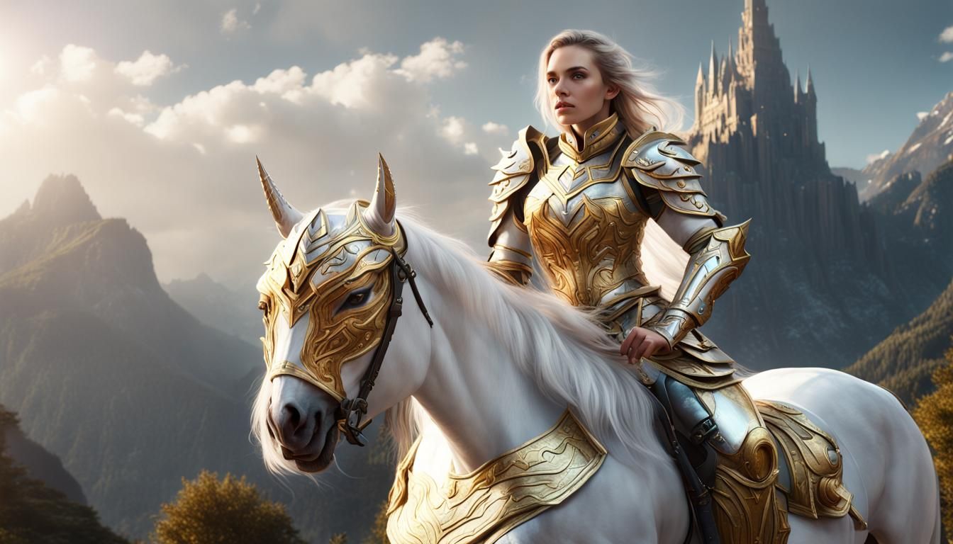 Woman Paladin on Unicorn with Castle Backdrop