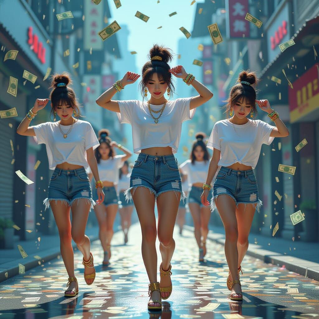 Currency Rain Dance: Hyperrealistic Malaysian Girls