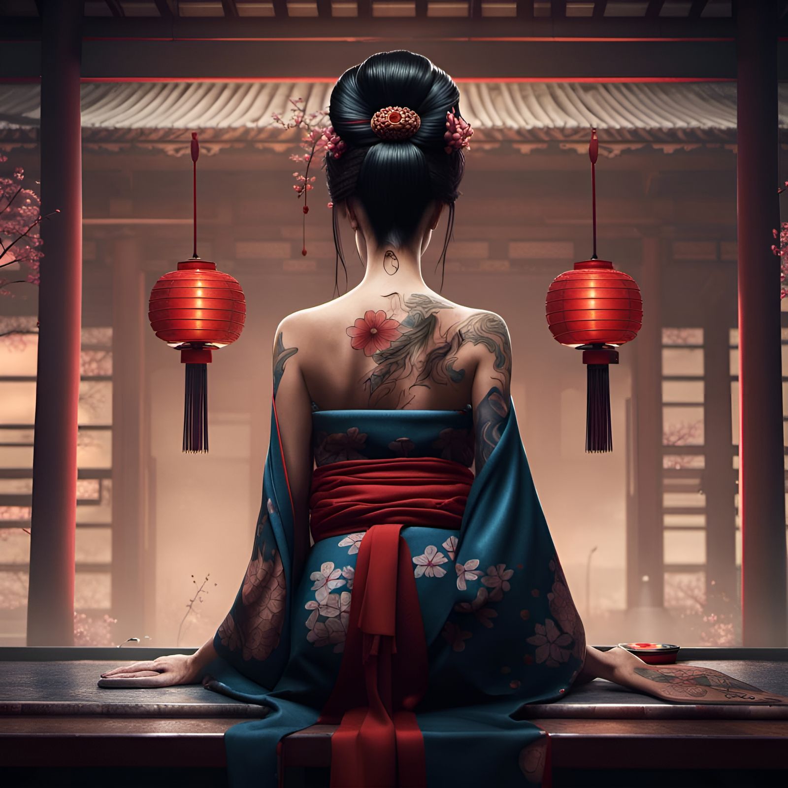 Japanese Geisha Tattoo's another Japanese Geisha's Back Feudal Japanese Bathhouse