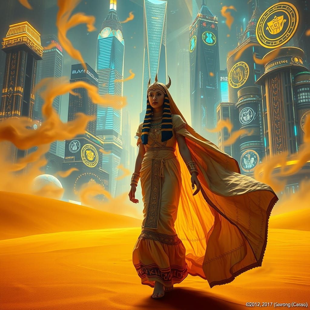 Egyptian Priestess Enters Futuristic Metropolis from Sandsto...