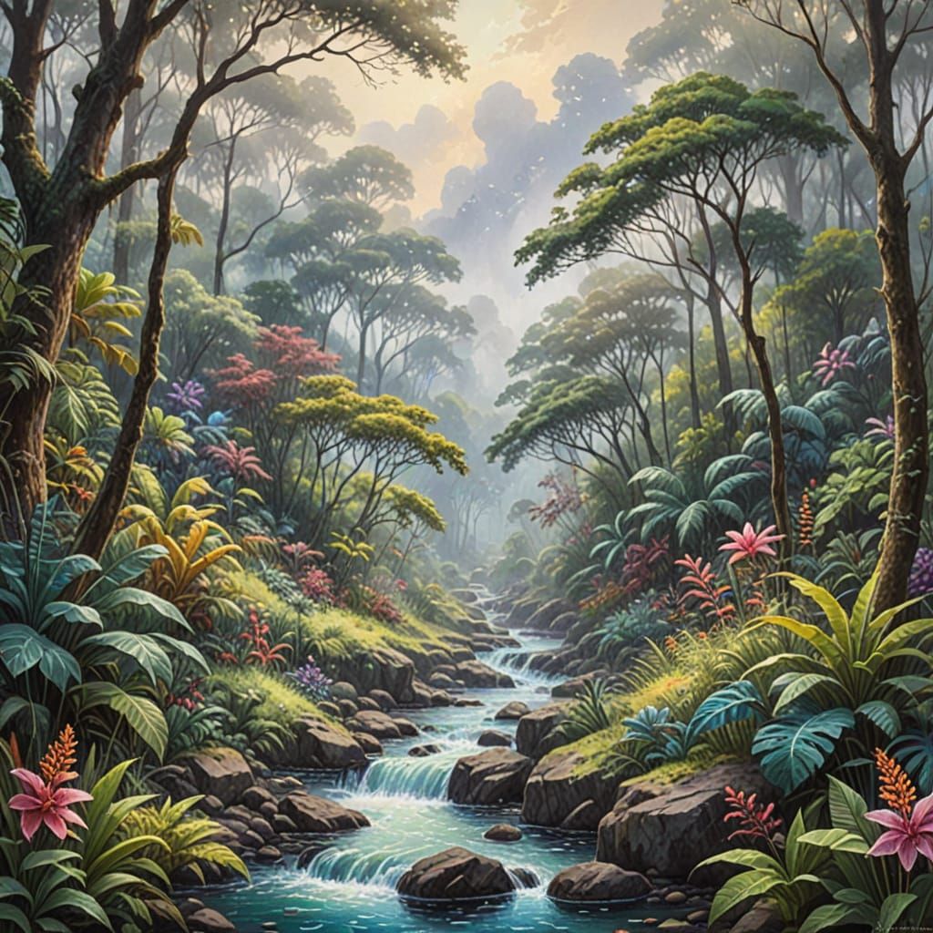 African Jungle Landscape in Gouache Style