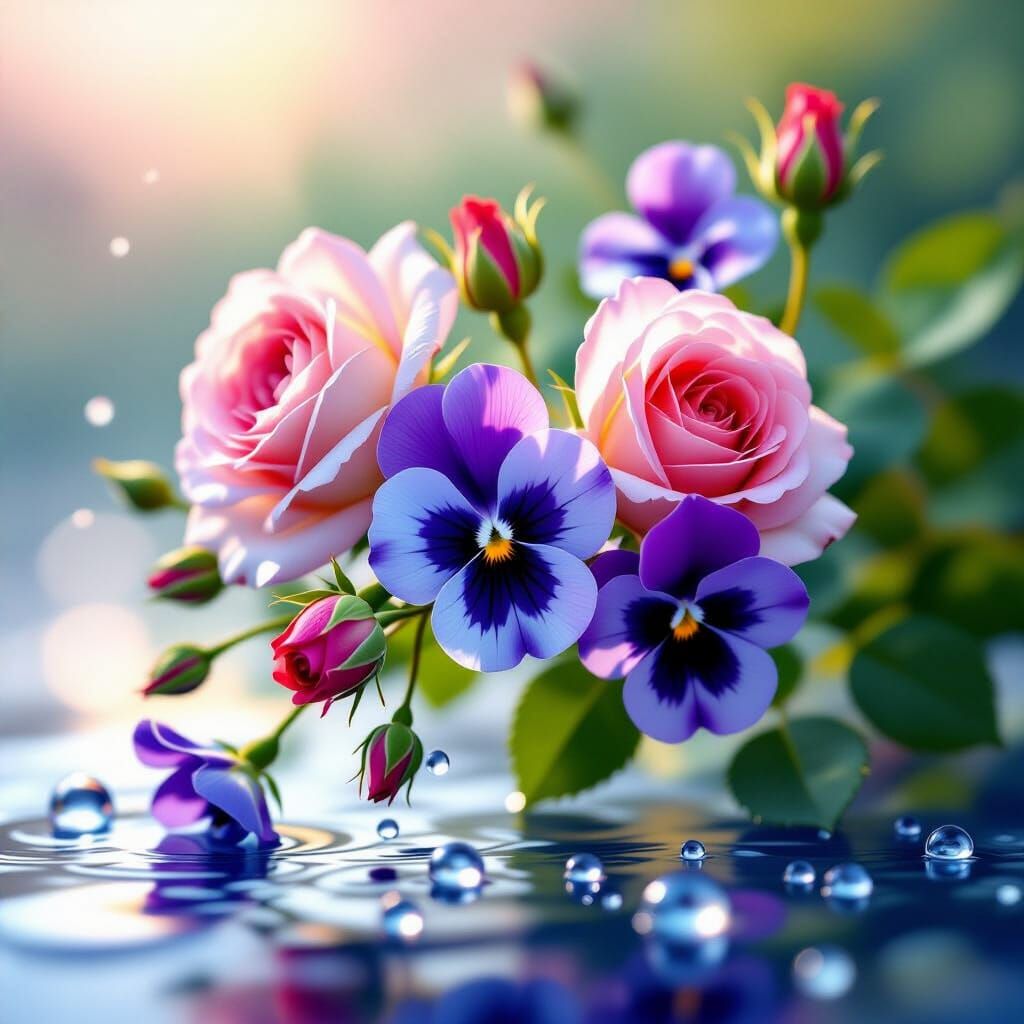 Roses and Violets with Dewdrops in Minimalist Sfumato Style