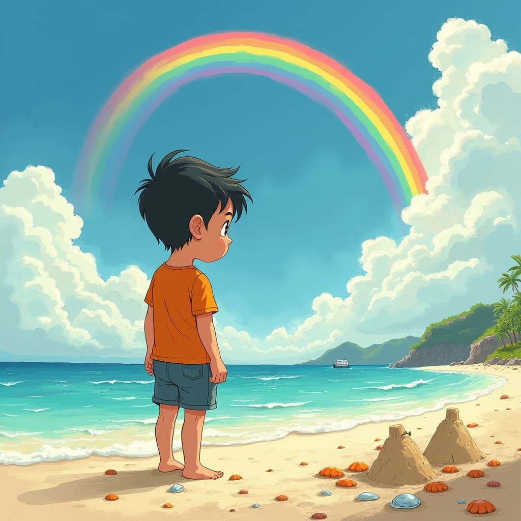Young Boy Contemplates a Rainbow on a Deserted Beach