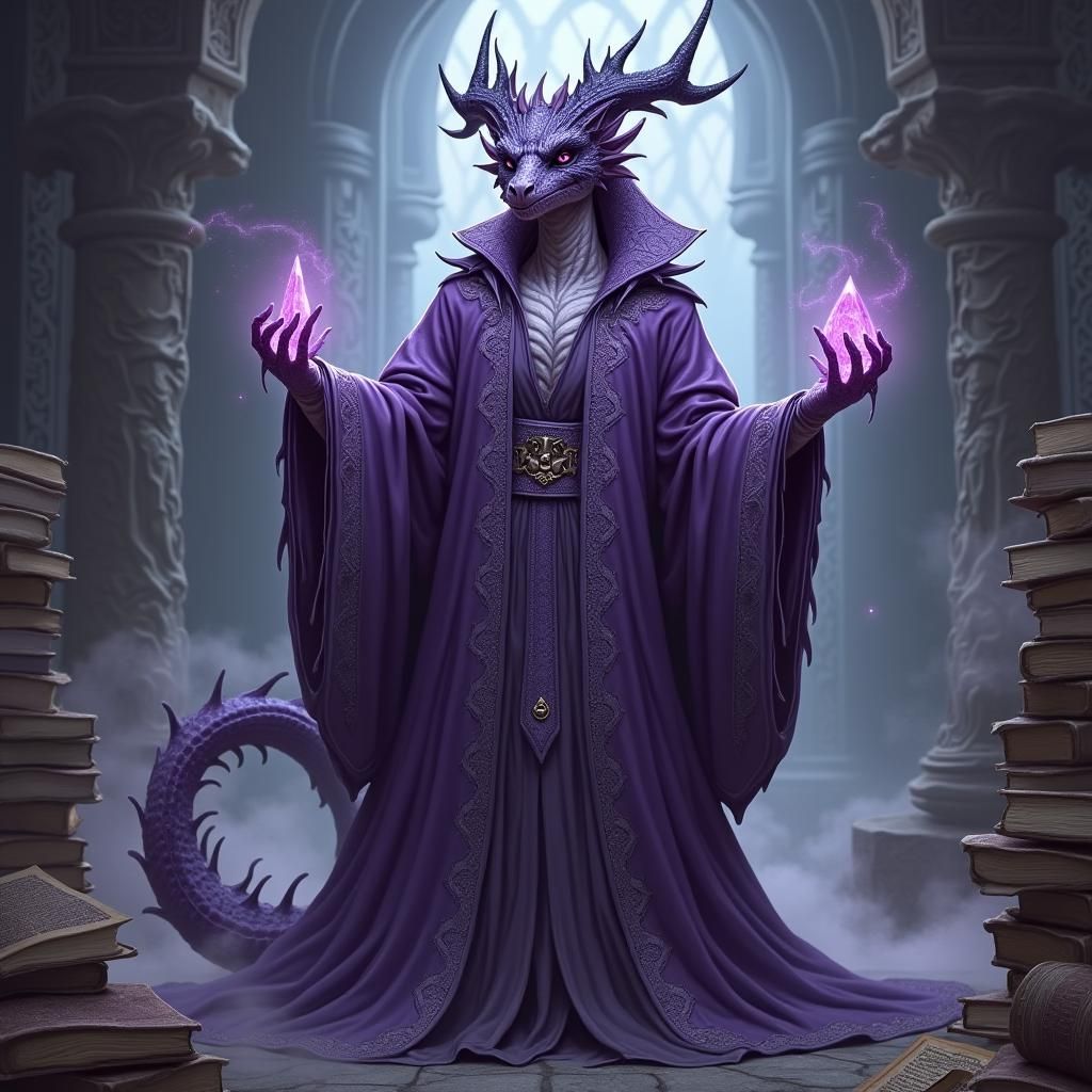 Mystical Amethyst Dragonborn Wizard in Fantasy Art Style