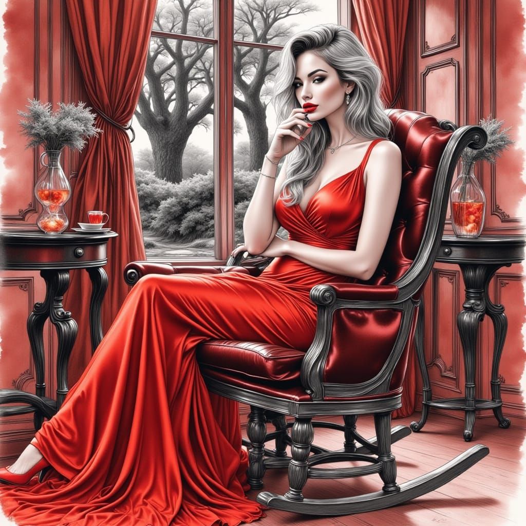 Woman in Red Dress Gazes at Forest in Watercolor Style