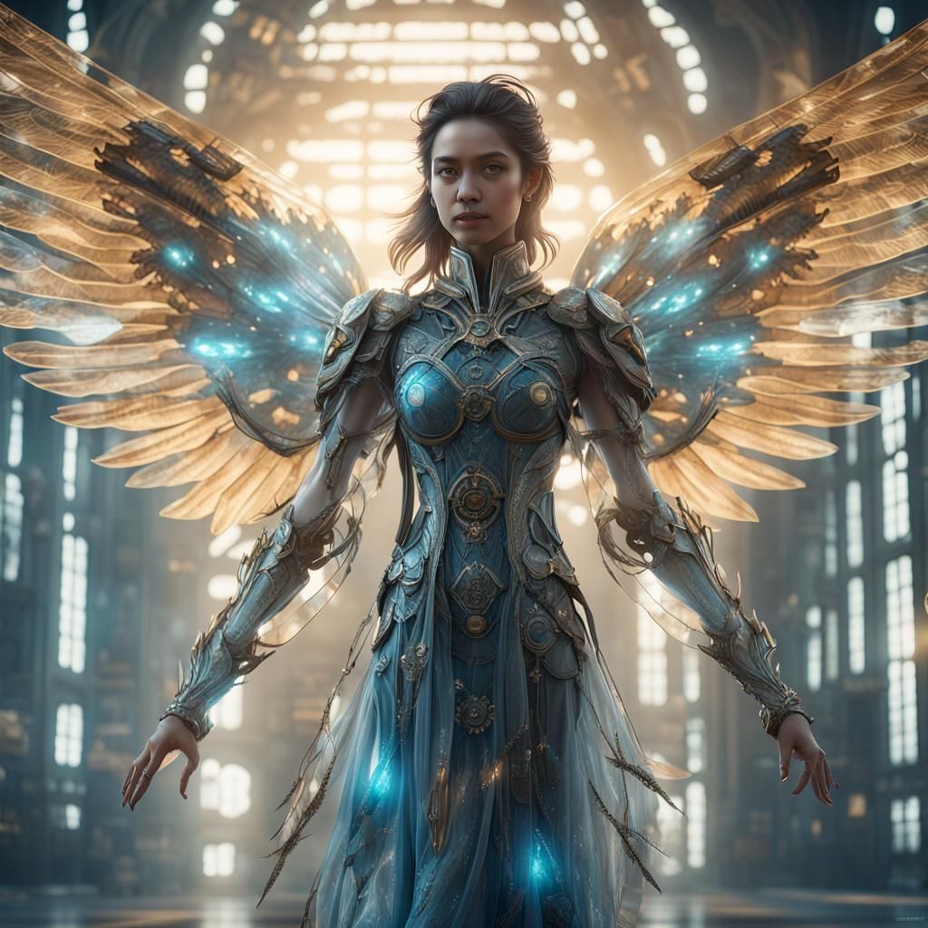 Mechanical Angel Girl in Motion: High-Resolution Photography