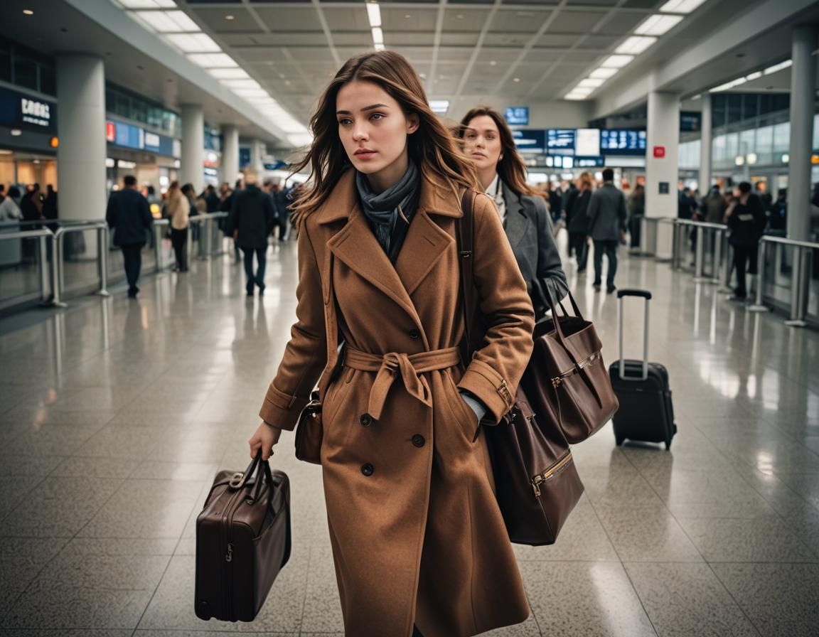 Hyperrealistic Woman Exits Airport Terminal