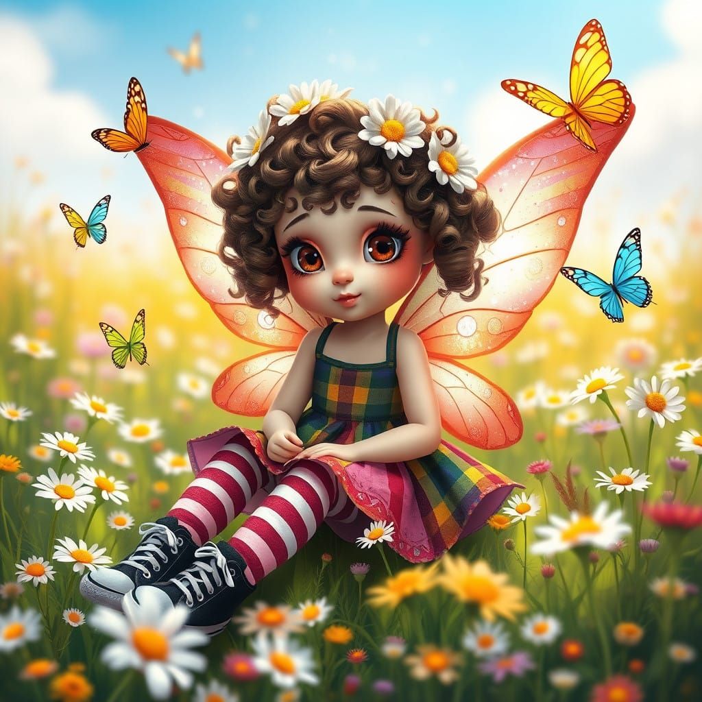 Enchanting Fairy Sits in Whimsical Meadow of Daisies and Wil...