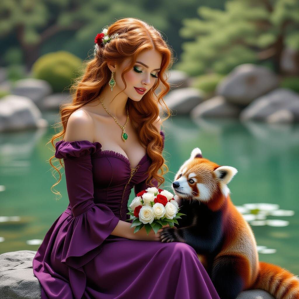 Red-Haired Woman Receives Roses from Red Panda