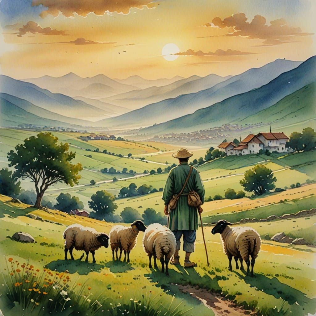Turkish Countryside Watercolor Scene with Shepherd and Child...