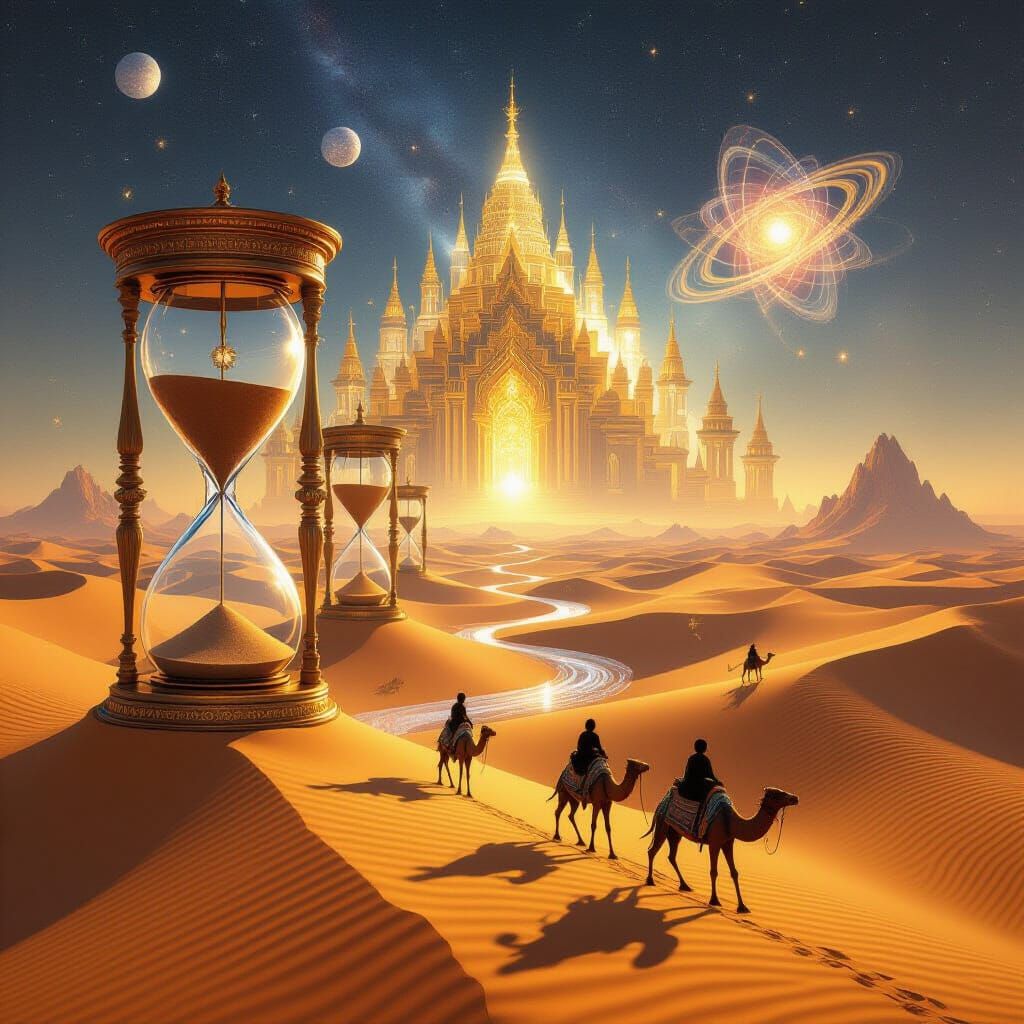 Surreal Desert Landscape with Cosmic Temple and Floating Clo...