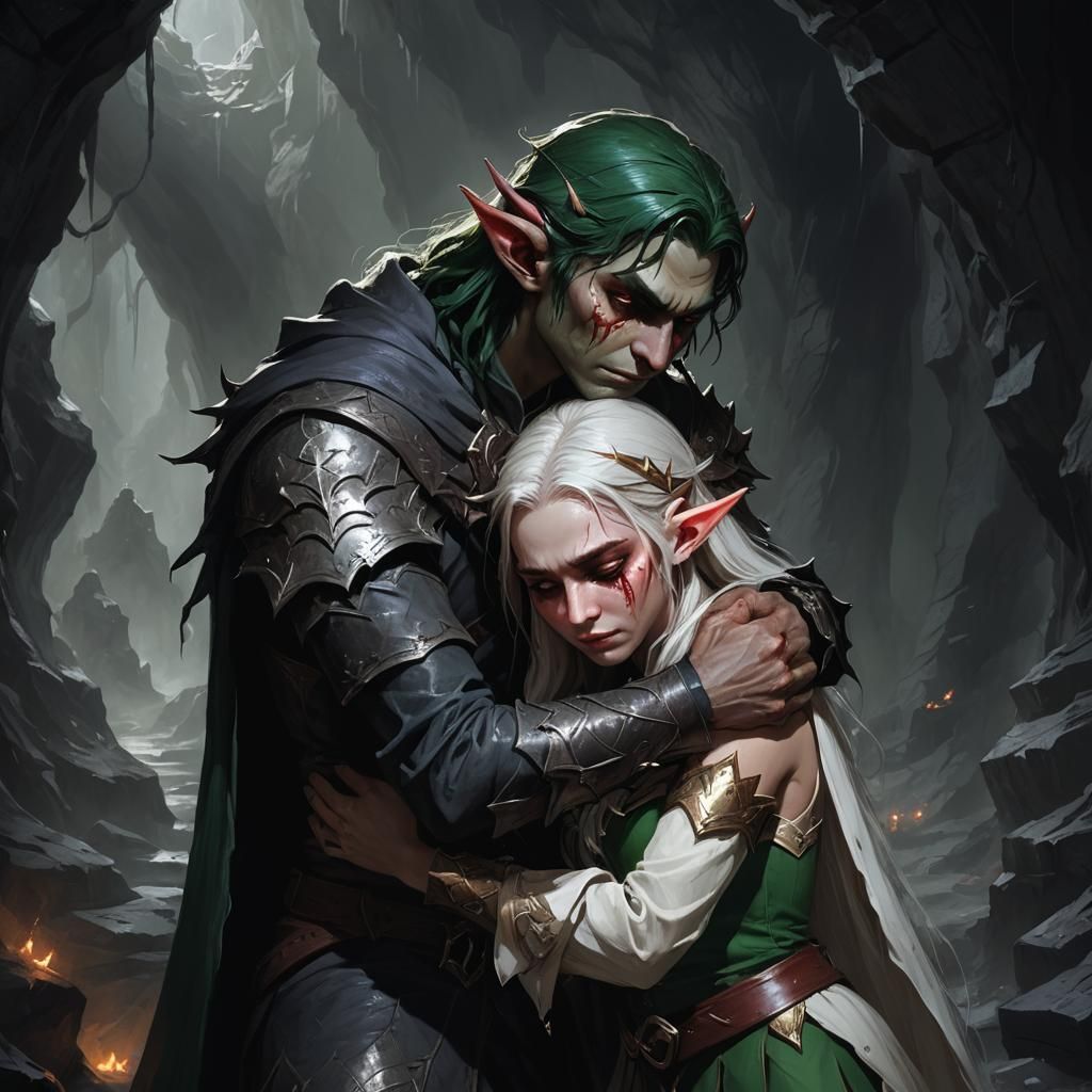 Elf Comforts Demon in Dark Cave