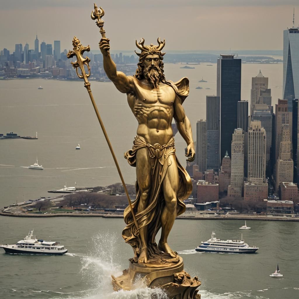Poseidon's Golden Statue Overlooks New York Harbor