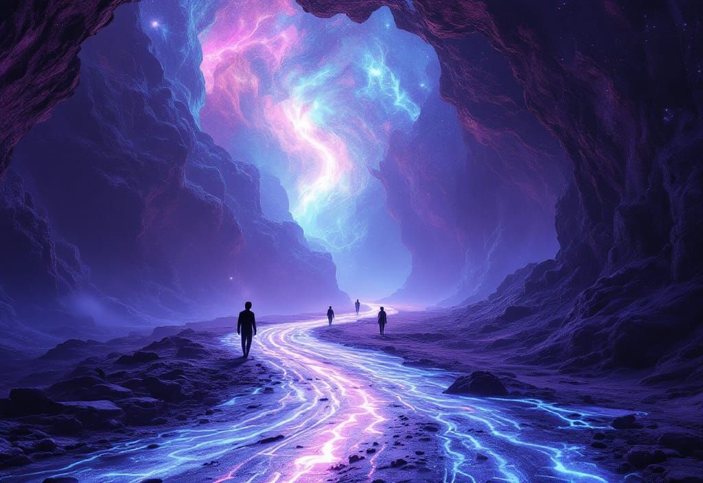 Ethereal Figures Walk Shimmering Path in Flowing Space-Fi Co...