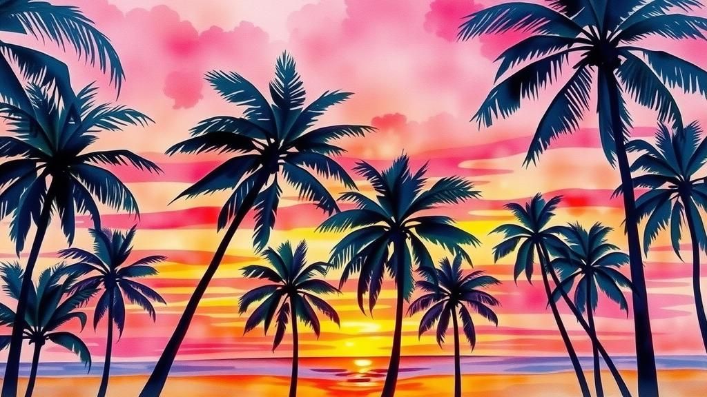 Palm Trees Swaying at Sunset: Watercolor Painting