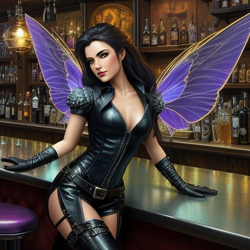 fairy with wings dressed in leather in a biker bar