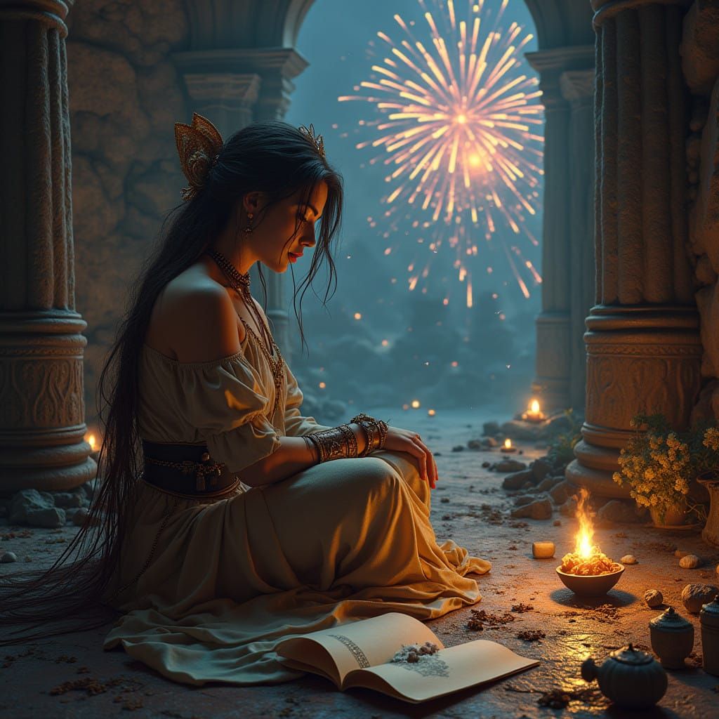 Ethereal Enchantress Amidst Forgotten Fireworks