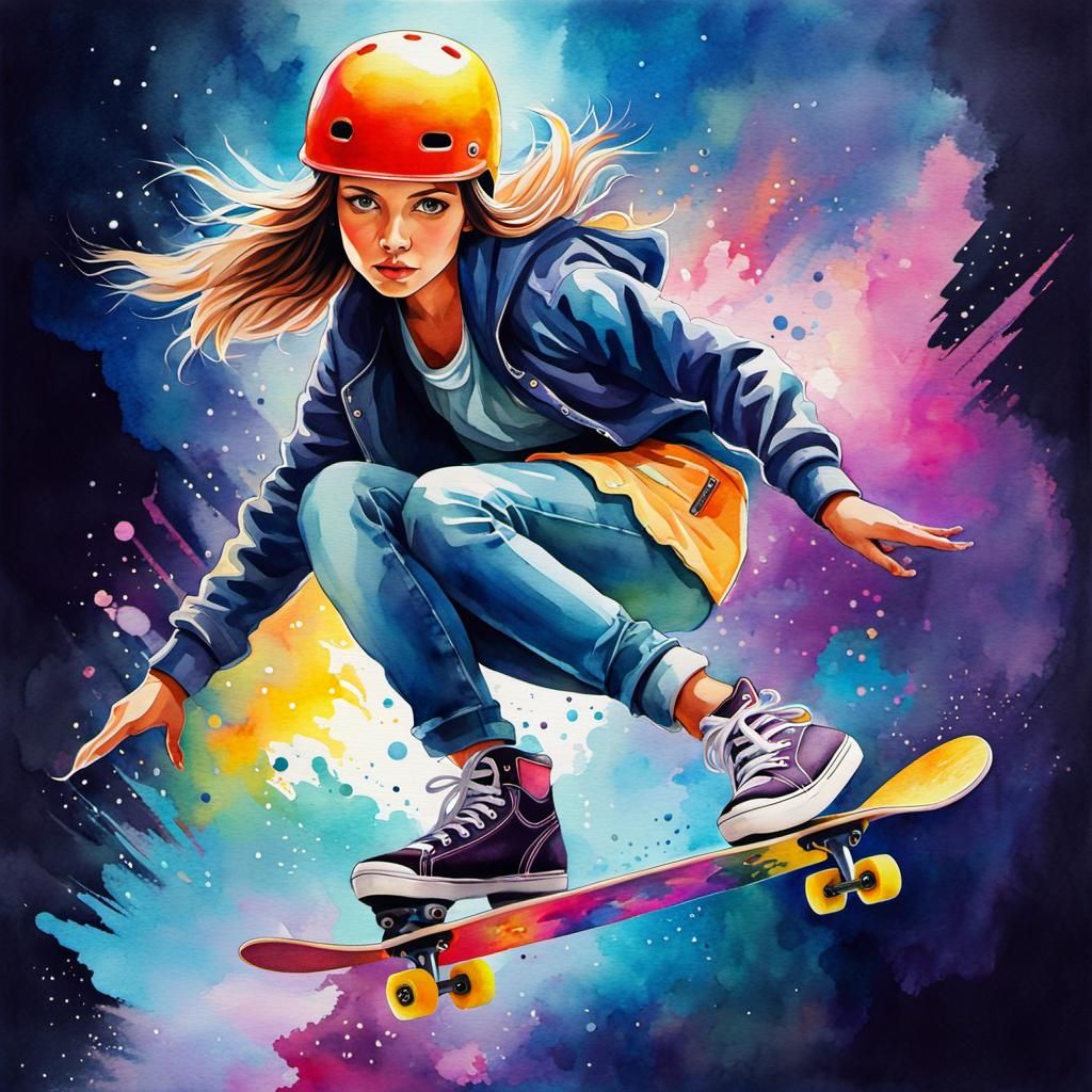 Adorable Skateboarder Girl in Watercolor Style