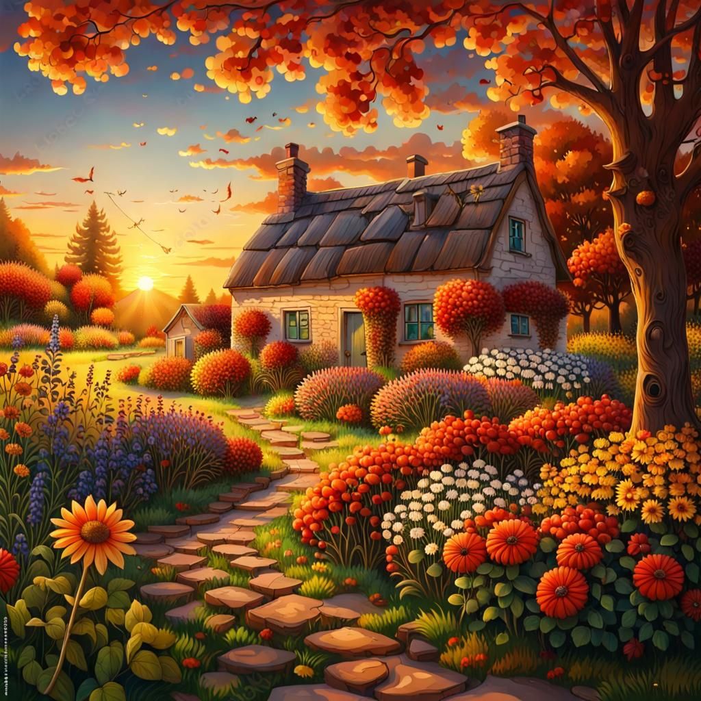 Sunset Over Autumn Flower Garden Cottage