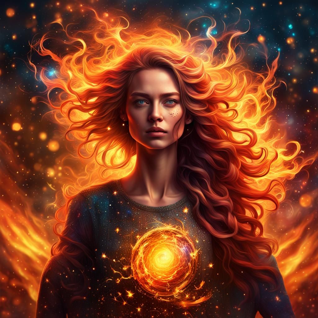 Fiery Woman: Holographic Astral Cosmic Illustration