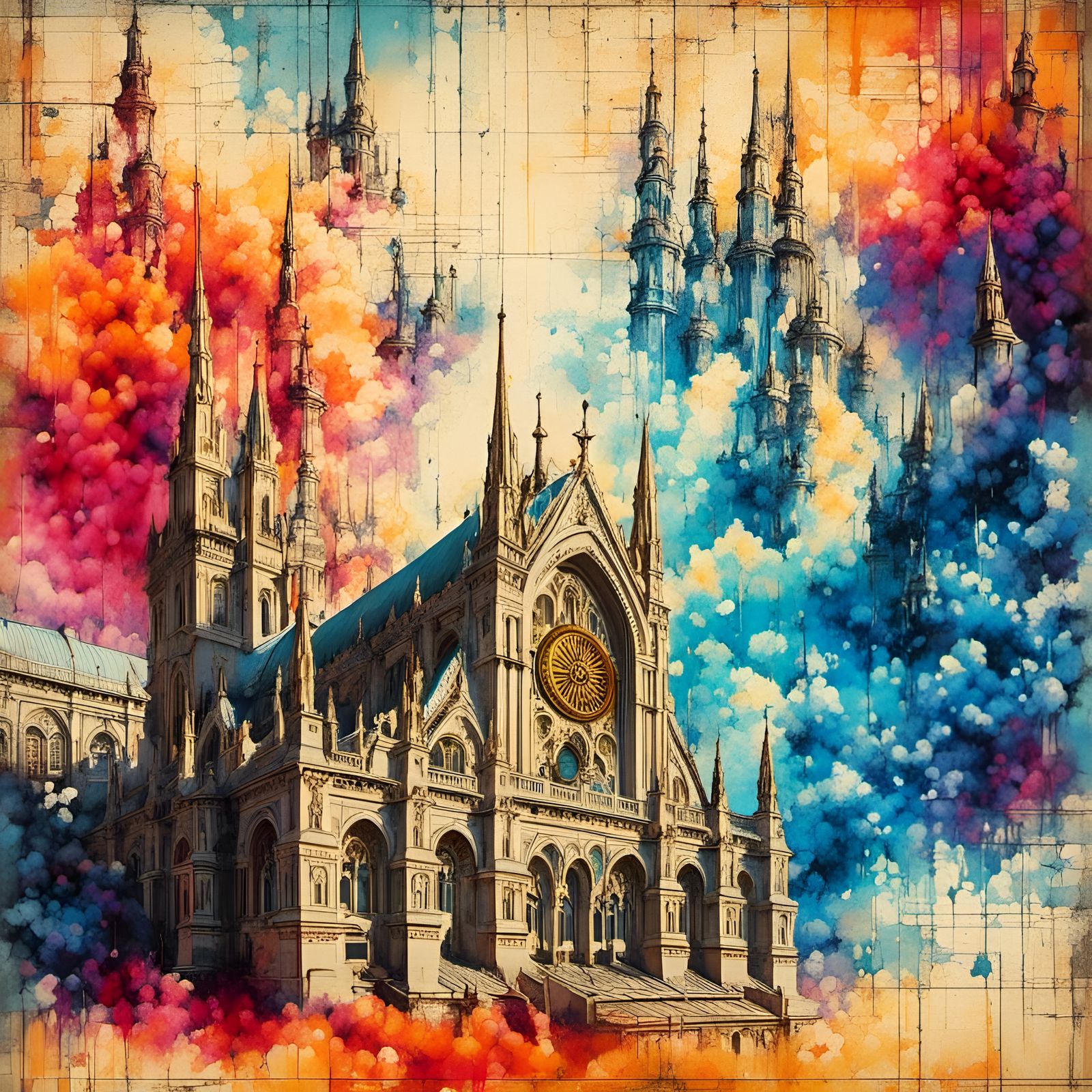 Hyperreal Steampunk Church Concept Art in Mixed Media