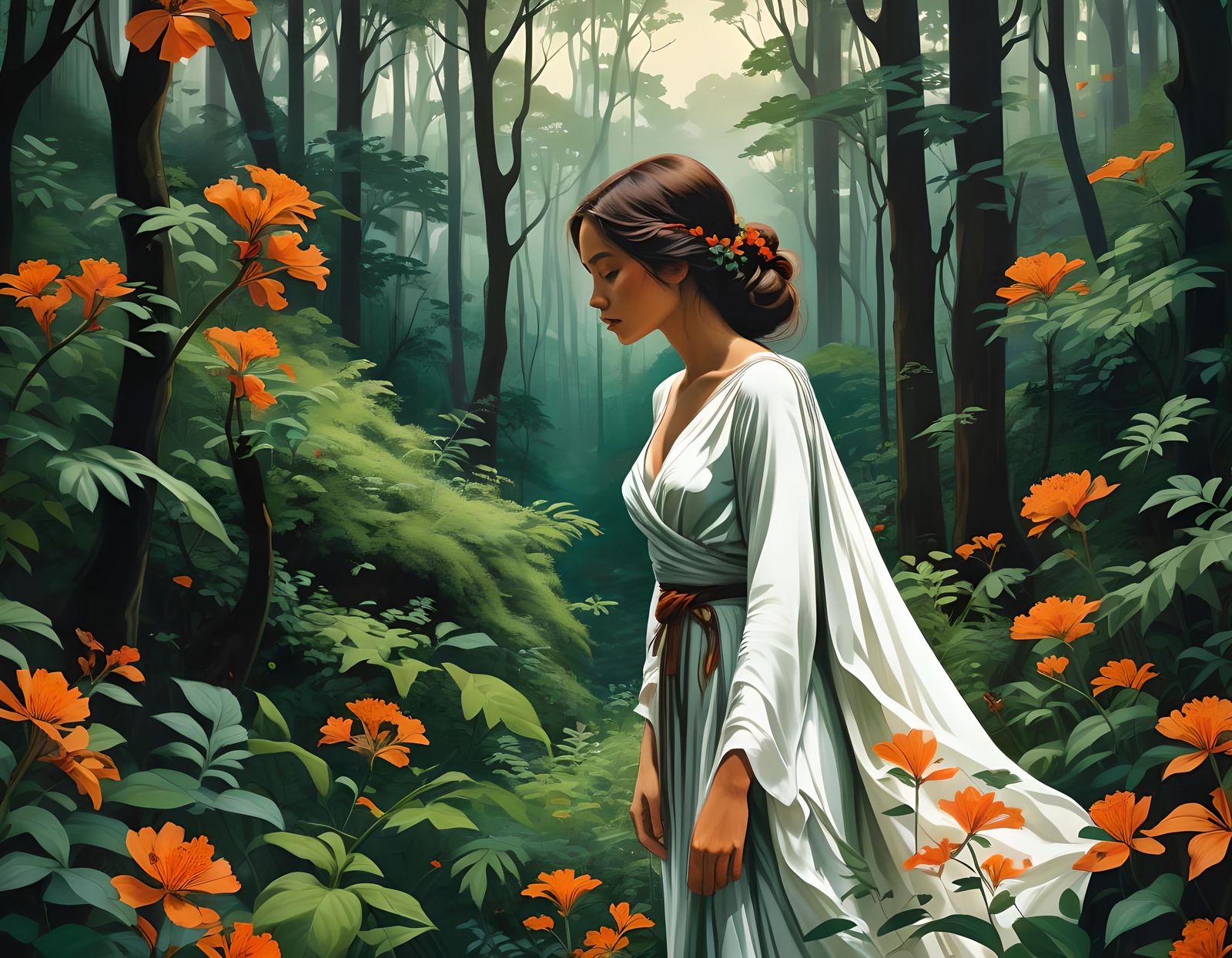 Woman and Wolf in Lush Forest: 3D Anime Art