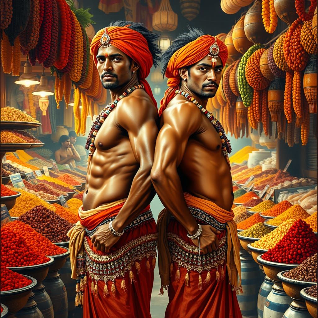 Indian Men in Spice Market, Art Deco Style