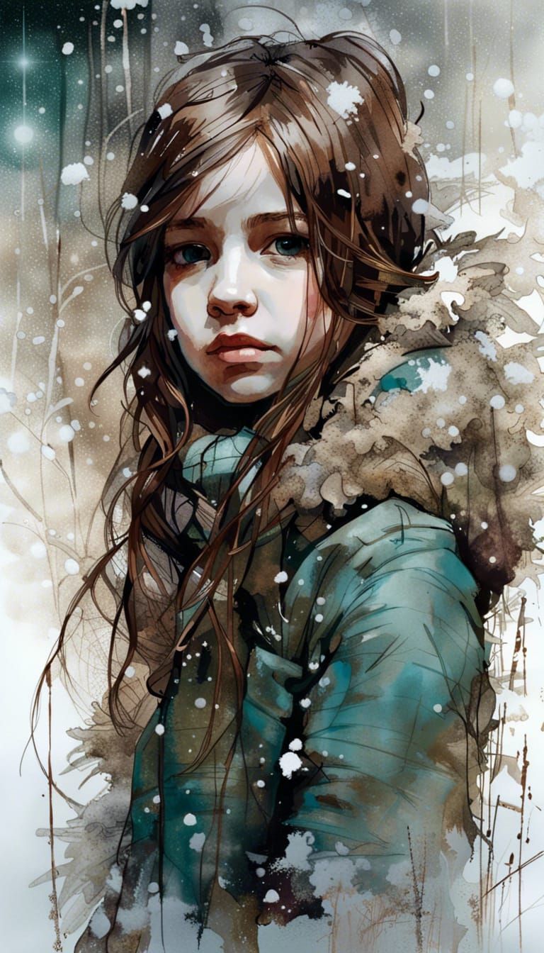Snowy Portrait of a Brown-Haired Girl