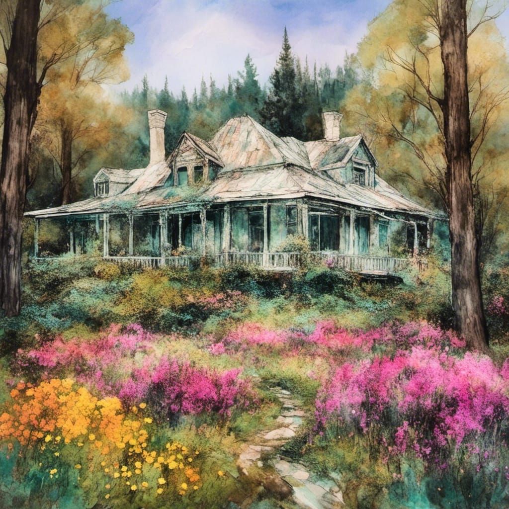 Alcohol Ink House with Flowers and Cypress Trees