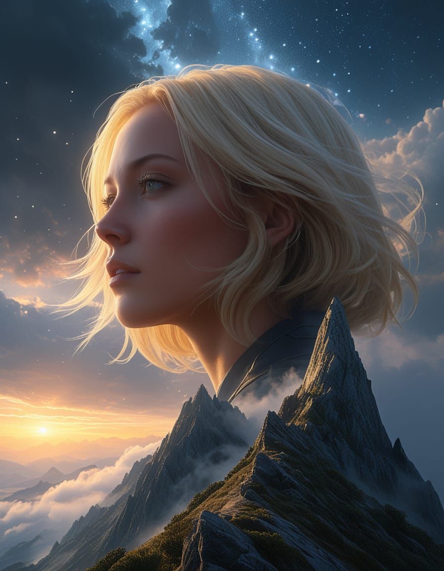 Surreal Mountain Vista with Woman and Starry Sky