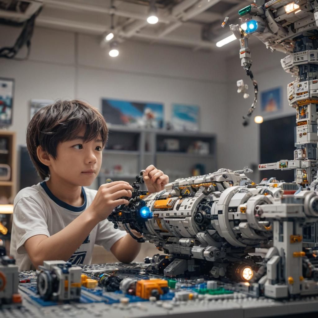 Boy Builds Lego Space Station: Anime Art