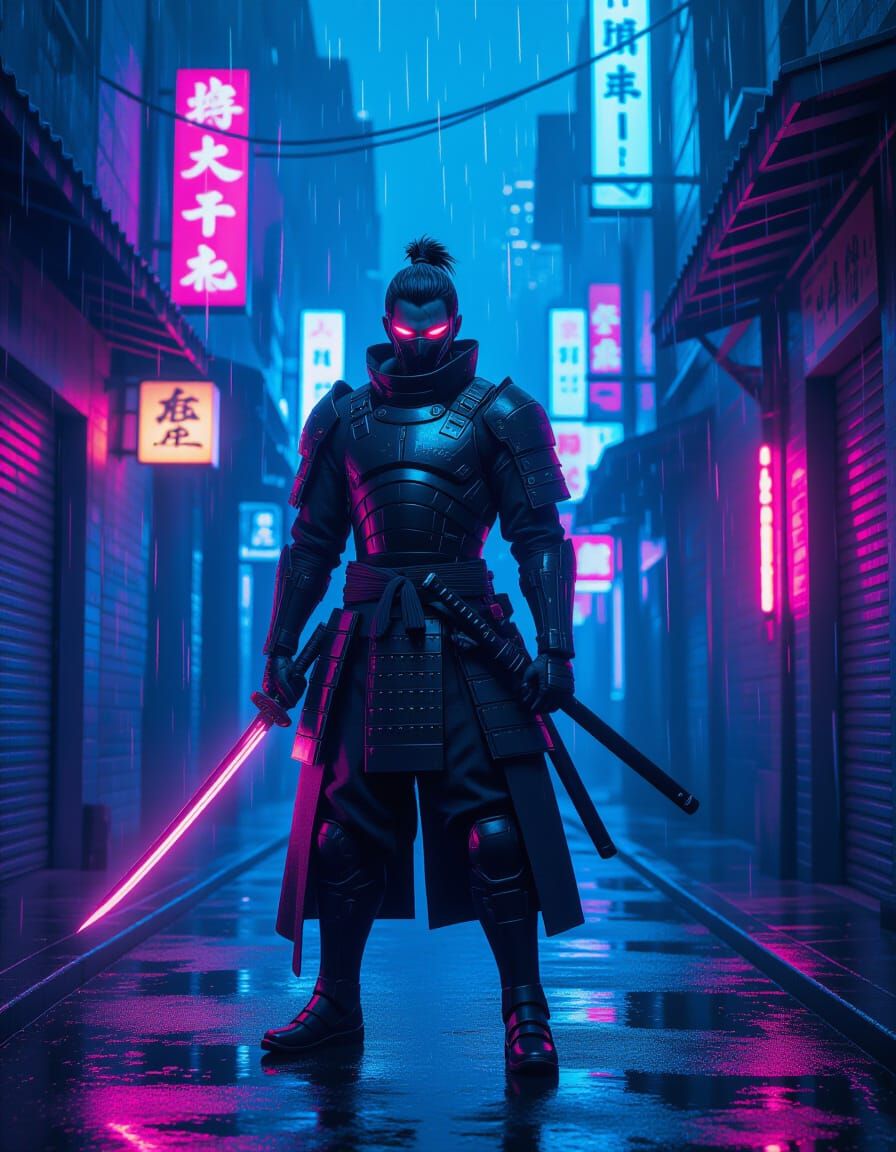 Cyberpunk Samurai Warrior in Neon Alleyway
