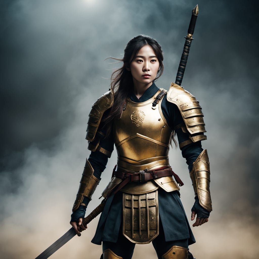 Gorgeous Korean Female Fighter in Armor Poses Dramatically w...