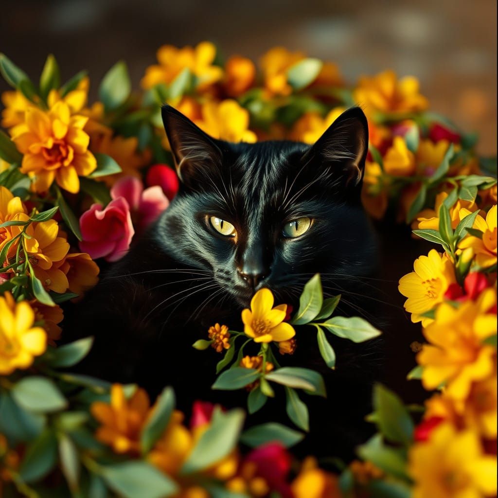 Languid Cat in Vignette-Lit Garland