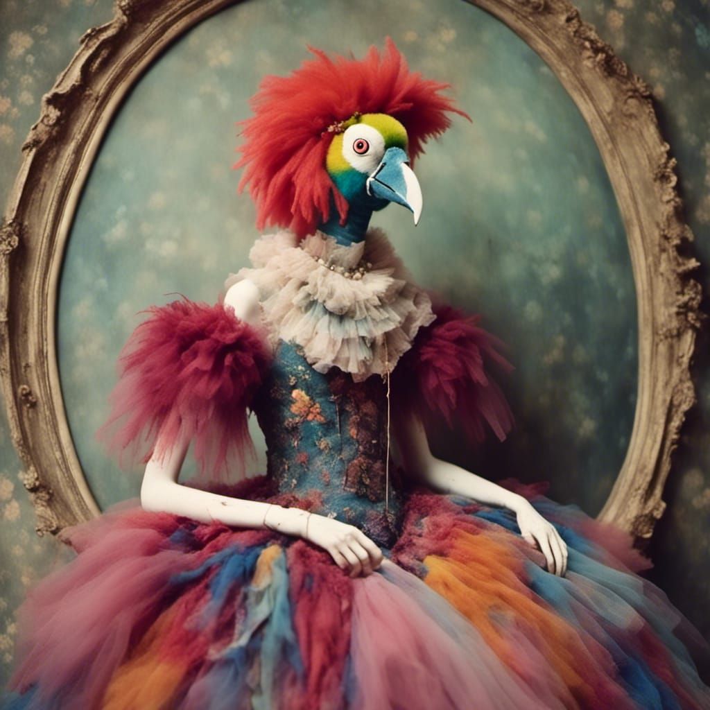 Wanda in Macaw Pirate Dress, Pre-Raphaelite Risograph Style