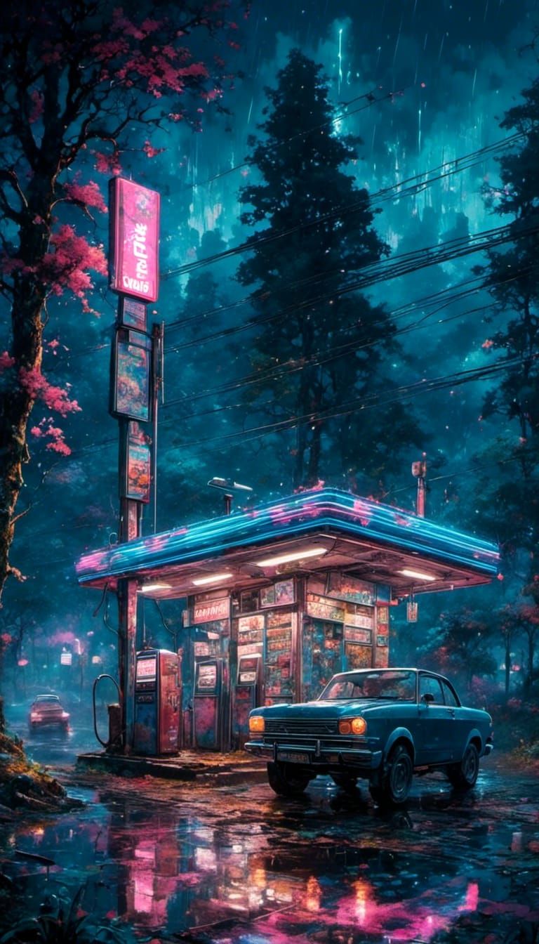 Gas Station in Hollows: Cross-Stitch Tonalism